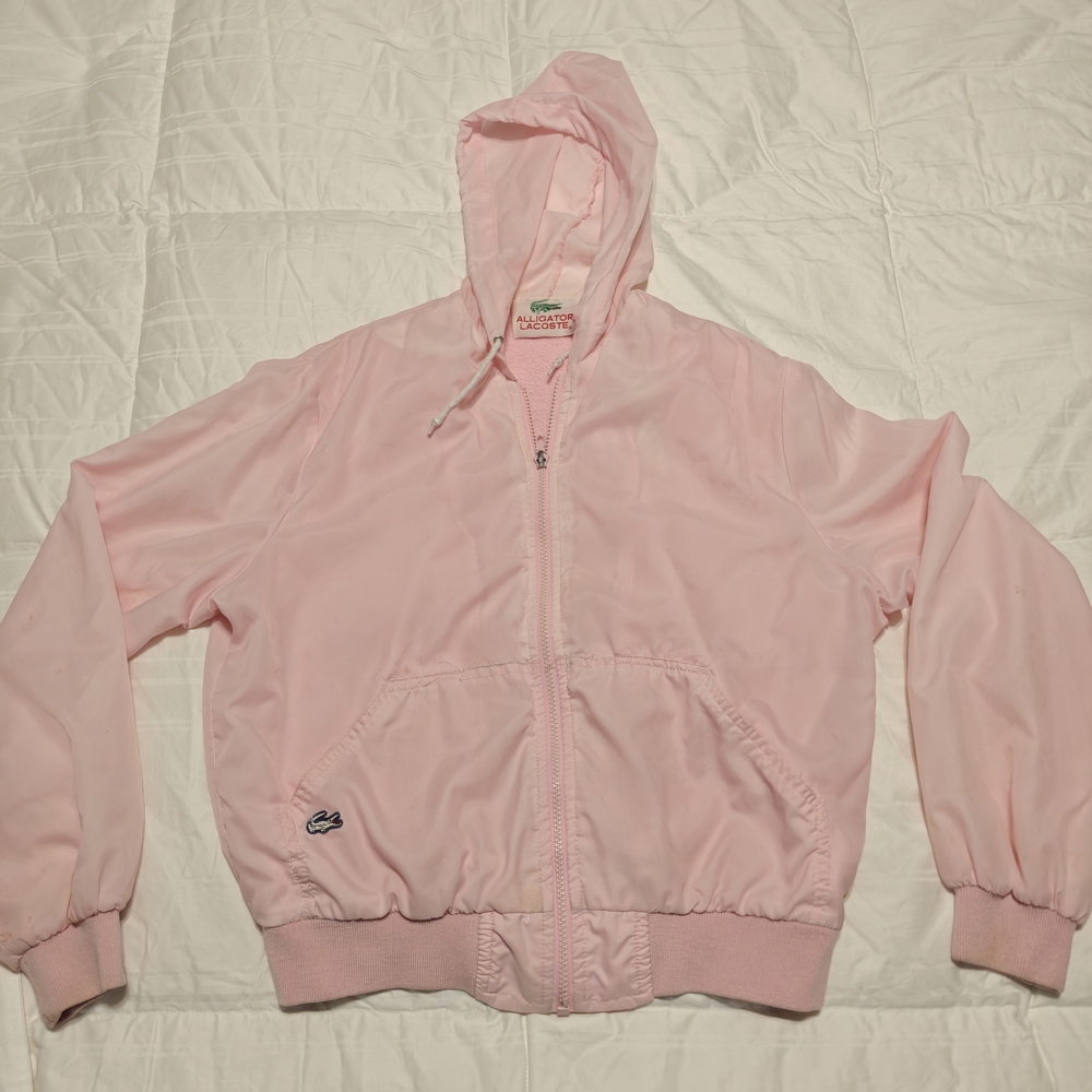 Lacoste Vintage Pink Bomber Jacket with Hood and Ribbed Cuffs